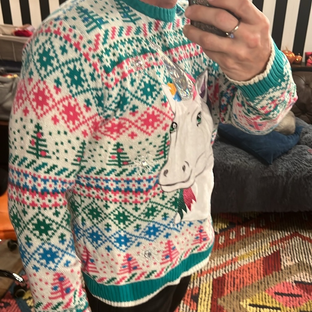 Blizzard Bay men’s ugly Christmas sweater featuring a 80s Holiday unicorn - Picture 2 of 10